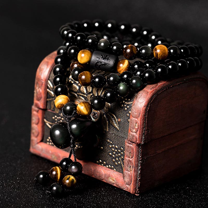 KarmaRipple's Authentic Black Obsidian Rainbow Obsidian Gourd Blessing Bracelet Mala p1