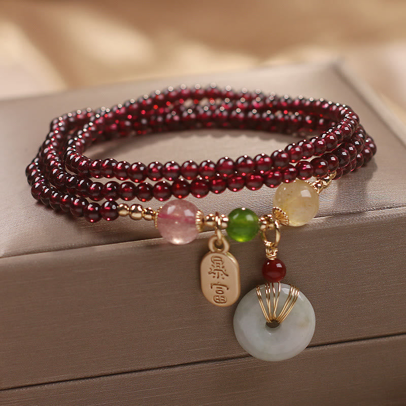 KarmaRipple's Authentic Garnet Strawberry Quartz Gemstone Fox Koi Fish Peace Buckle Fortune Protection Triple Wrap Bracelet p11