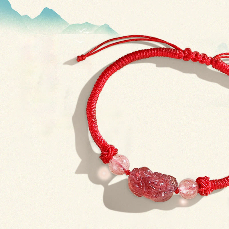 KarmaRipple's Handmade Authentic Silver Sheen Obsidian Strawberry Quartz PiXiu Protection Woven Bracelet p9