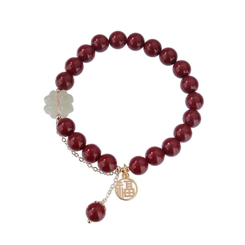 KarmaRipple's Cinnabar Fu Character Hetian Jade Fortunate Four Leaf Clover Blessing Bracelet p9