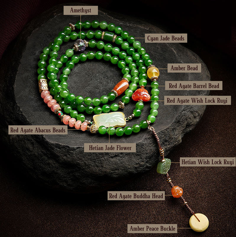 KarmaRipple's 108 Mala Beadwork Cyan Jade Red Agate Laughing Buddha Fortune Bracelet p18