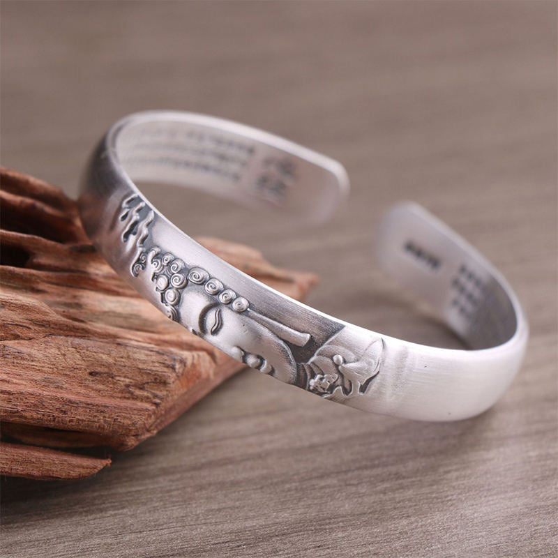 KarmaRipple's 999 Sterling Silver Buddha Head Heart Sutra Serenity Bracelet Bangle p1