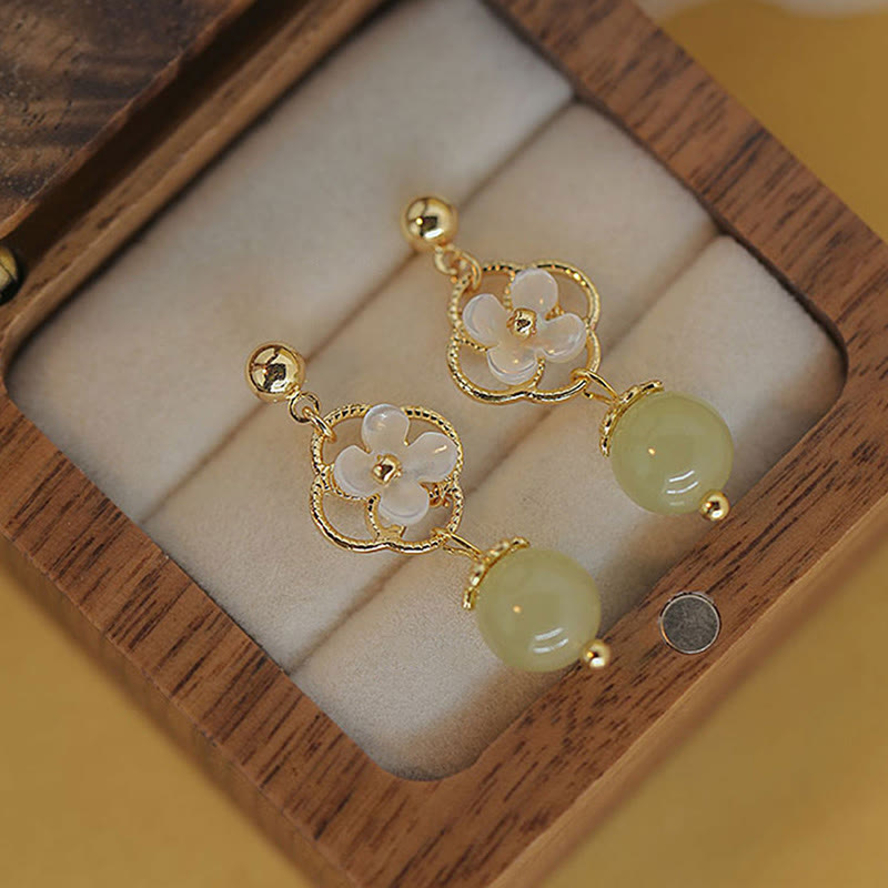 KarmaRipple's Tridacna Stone Flower Jade Bead Blessing Drop Earrings p4
