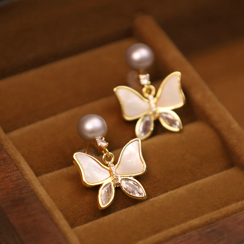KarmaRipple's 18K Gold Plated Bronze Authentic Shell Pearl Butterfly Sincerity Stud Earrings p15