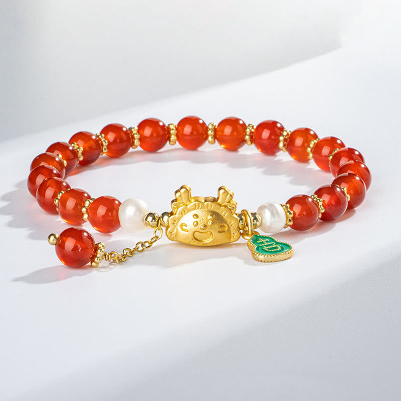 KarmaRipple's Year Of The Dragon Authentic Red Agate Pink Gemstone Black Onyx Dumpling Fortune Fu Character Bracelet p22