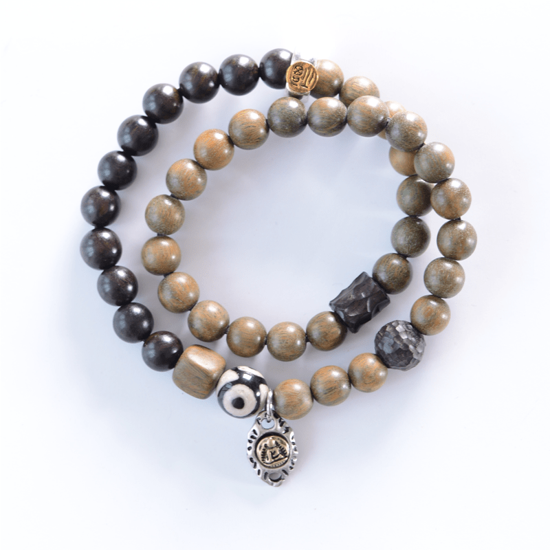 KarmaRipple's Tibetan Green Sandalwood Ebony Wood Three-eyed Dzi Bead Fu Character Balance Peace Double Wrap Bracelet p3