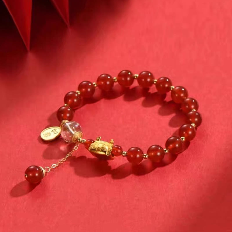 KarmaRipple's Year of the Dragon Dumpling Authentic Red Agate Garnet Hetian Jade Fu Character Fortune Success Bracelet p9
