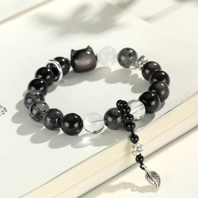 KarmaRipple's Authentic Silver Sheen Obsidian Cat Head Fox Planet Protection Bracelet p4