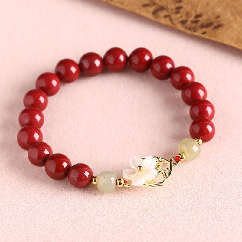 KarmaRipple's Authentic Cinnabar Jade Beaded Tridacna Stone Flower Blessing Bracelet p13