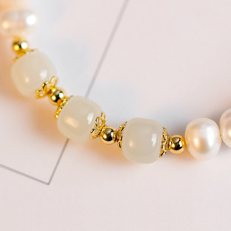 KarmaRipple's 14K Gold Plated Authentic Pearl Hetian Cyan Jade Ivory Jade Sincerity Bead Chain Bracelet p16
