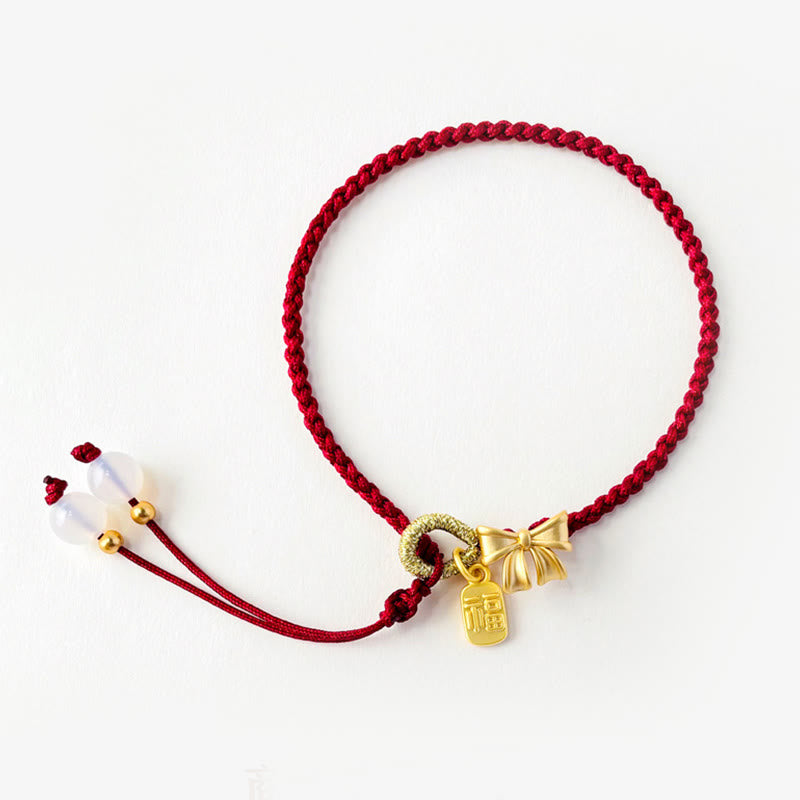 KarmaRipple's Handmade Peach Blossom Rosette Bow Weave Fu Character Talisman Fortune Fortune Red Rope Bracelet p5