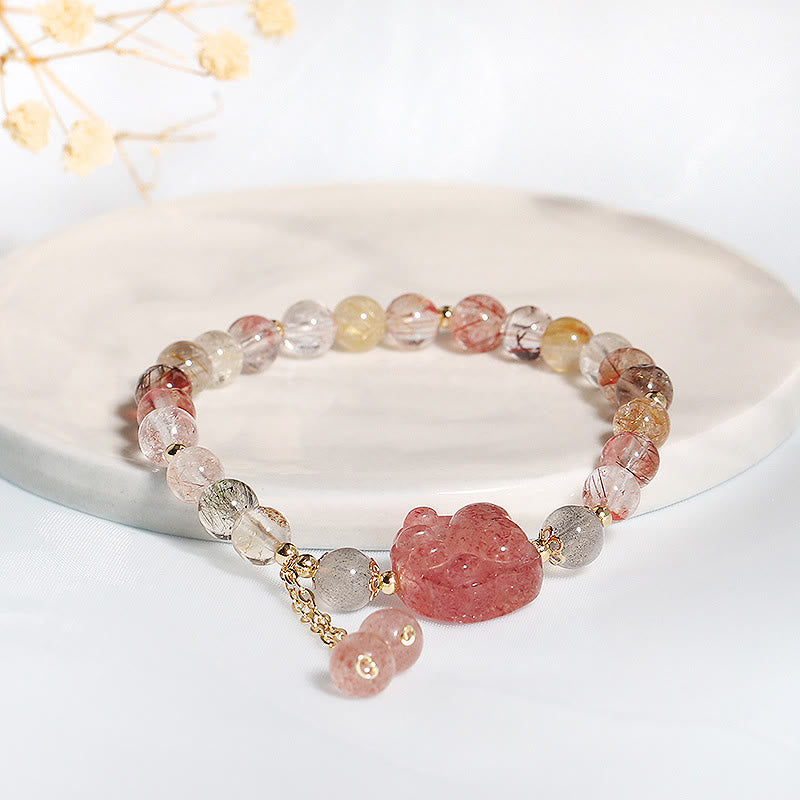 KarmaRipple's Authentic Strawberry Quartz Cat Paw Claw Colorful Rutilated Quartz Moonstone Love Bracelet p3