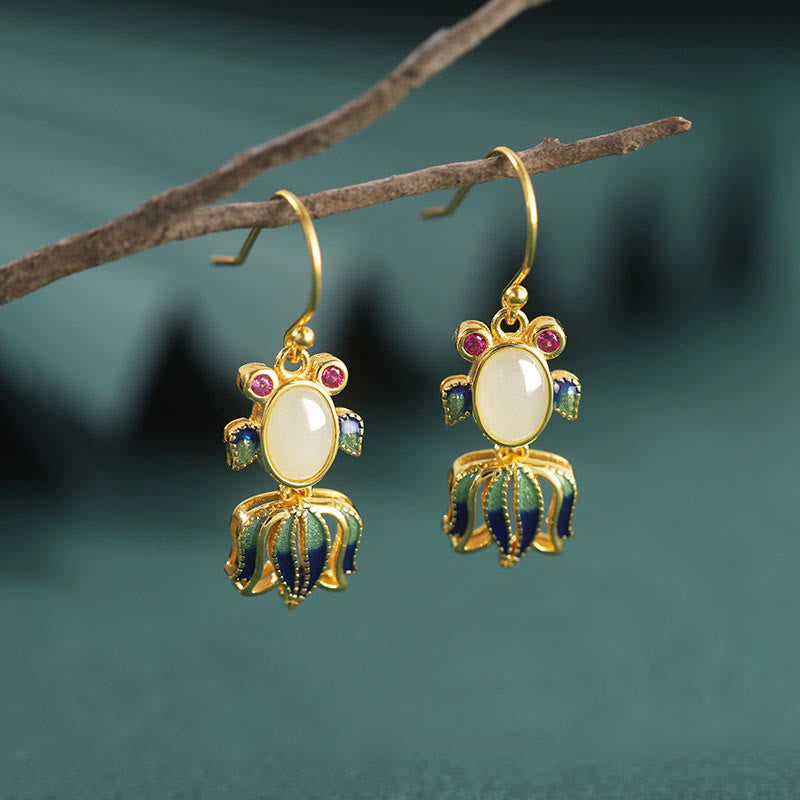 KarmaRipple's 925 Sterling Silver Hetian Ivory Jade Red Agate Cute Fish Happiness Drop Earrings p1
