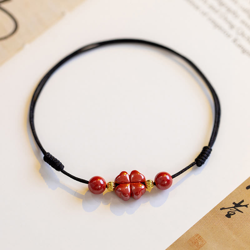 KarmaRipple's Four Leaf Clover Cinnabar Blessing Calm String Bracelet Anklet p35