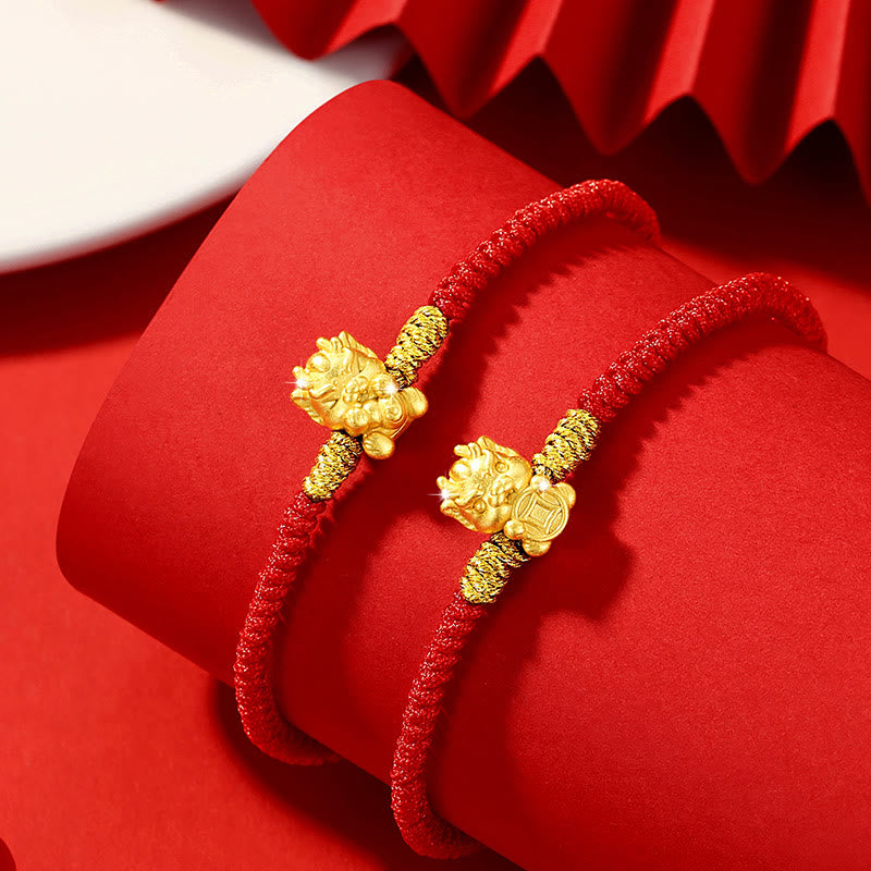 KarmaRipple's 999 Sterling Silver Year of the Dragon Bronze Coin Fortune Dragon Fu Character Fortune Handcrafted Red String Woven Bracelet ( p13