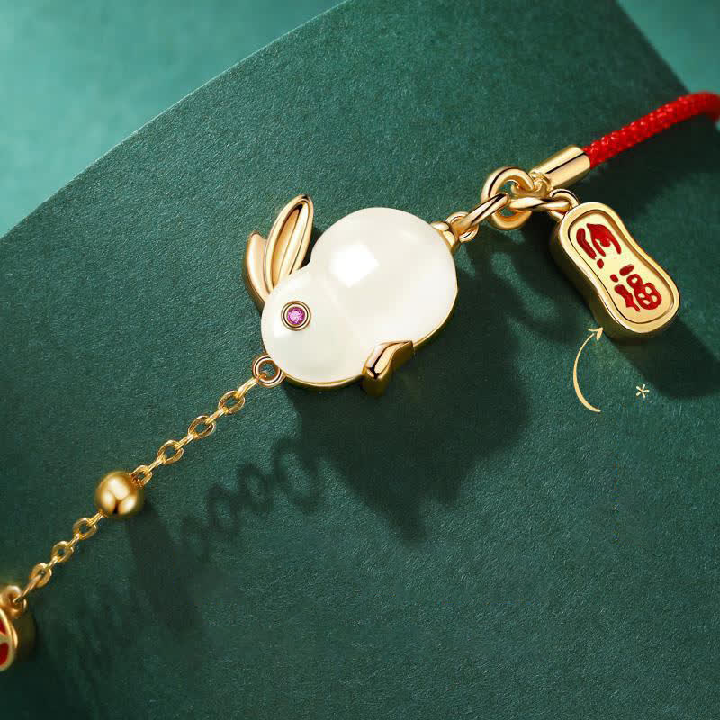 KarmaRipple's Year of the Rabbit Ivory Jade Happiness Red String Chain Bracelet p4