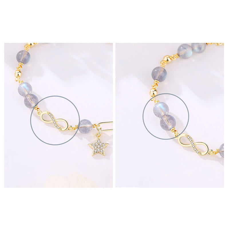 KarmaRipple's 14K Gold Plated Authentic Strawberry Quartz Moonstone M?bius Loop Eternal Love Star Positive Bracelet p12