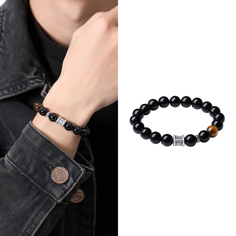 KarmaRipple's 999 Sterling Silver Black Obsidian Tiger Eye Om Mani Padme Hum Fulfillment Bracelet p9