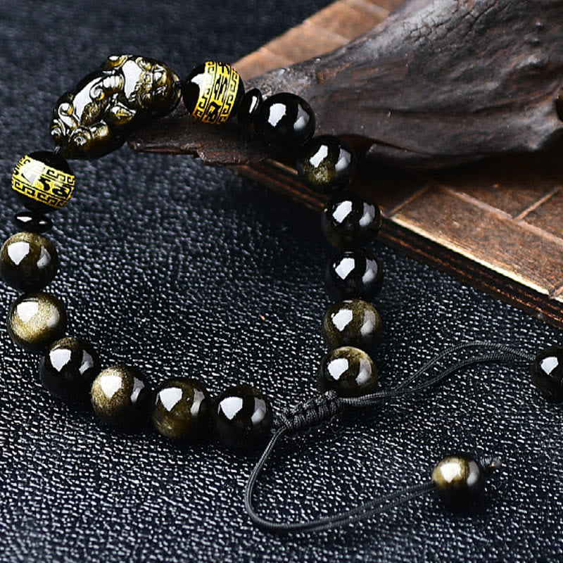 KarmaRipple's Authentic Gold Sheen Obsidian PiXiu Om Mani Padme Hum Wealth Woven Bracelet p8