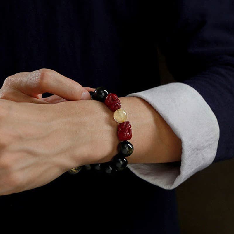 KarmaRipple's Gold Sheen Obsidian PiXiu Cinnabar Om Mani Padme Hum Protection Bracelet p4