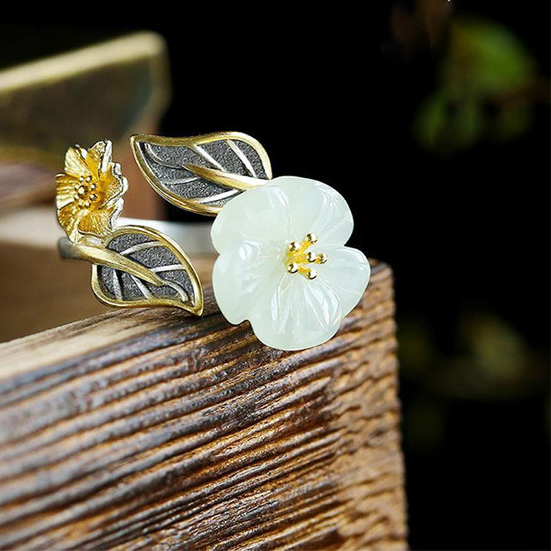 KarmaRipple's 925 Silver Plated Bronze Ivory Jade Plum Flower Leaf Fortune Ring p2