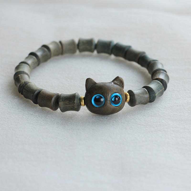 KarmaRipple's Ebony Wood Green Sandalwood Cute Cat Peace Bracelet p2
