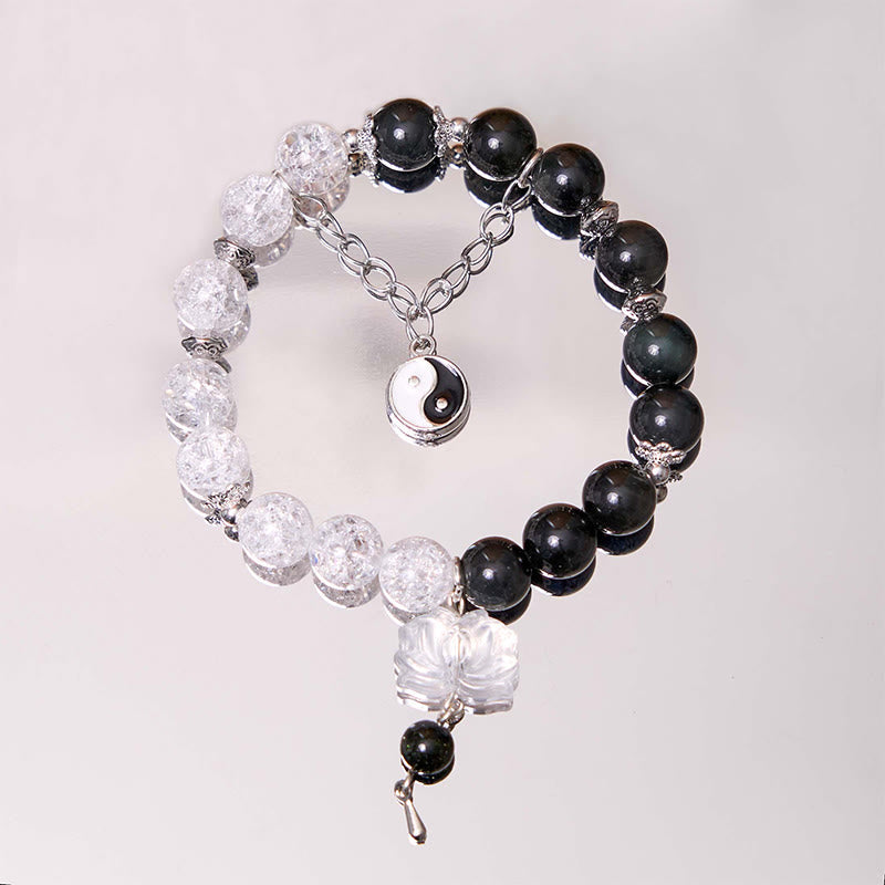 KarmaRipple's Silver Sheen Obsidian Crackle Clear Quartz Black Rutilated Quartz Yin Yang Lotus Protection Bracelet p4