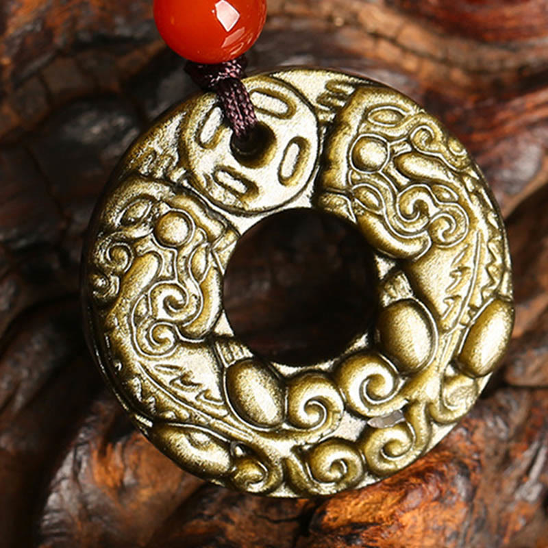 KarmaRipple's Gold Sheen Obsidian Peace Buckle Pixiu Bronze Coin Wealth Pendant Necklace p5