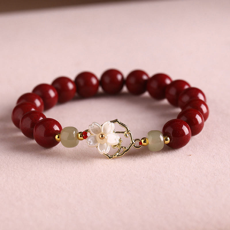 KarmaRipple's Authentic Cinnabar Jade Beaded Tridacna Stone Flower Blessing Bracelet p3