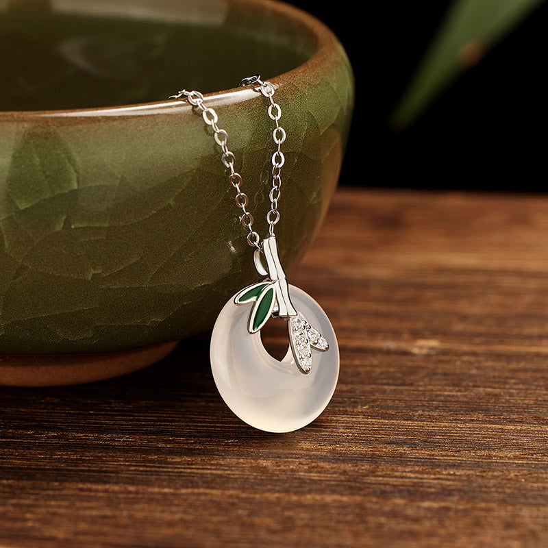 KarmaRipple's 925 Sterling Silver Authentic Chalcedony Bamboo Leaf Peace Buckle Positive Pendant Necklace ( p6