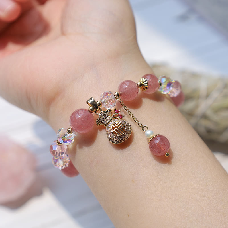 KarmaRipple's Authentic Strawberry Quartz Gemstone Money Bag Talisman Positive Bracelet p7