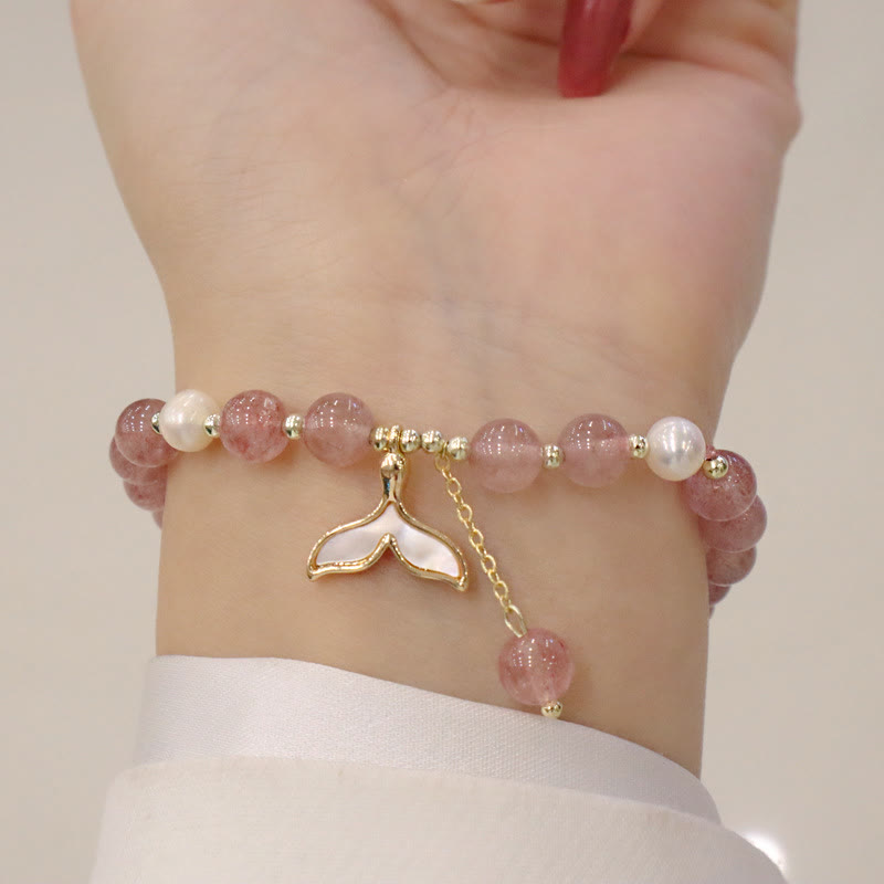 KarmaRipple's Strawberry Quartz Pearl Elk Smiley Face Fishtail Fu Character Talisman Balancing Bracelet p3
