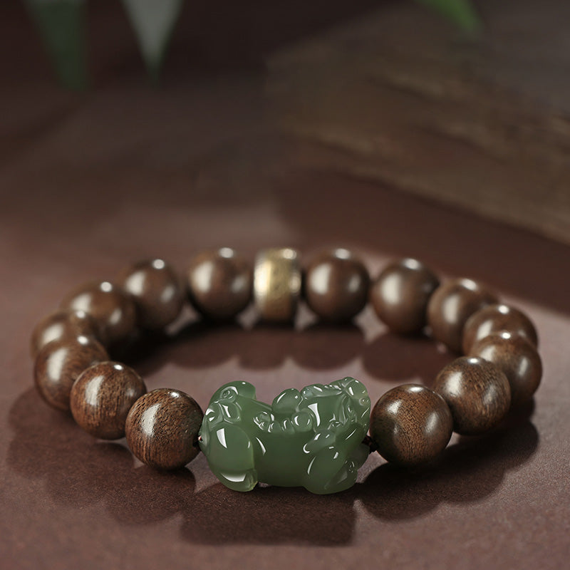 KarmaRipple's 925 Sterling Silver Brunei Agarwood PiXiu Jade Peace Strength Bracelet p1
