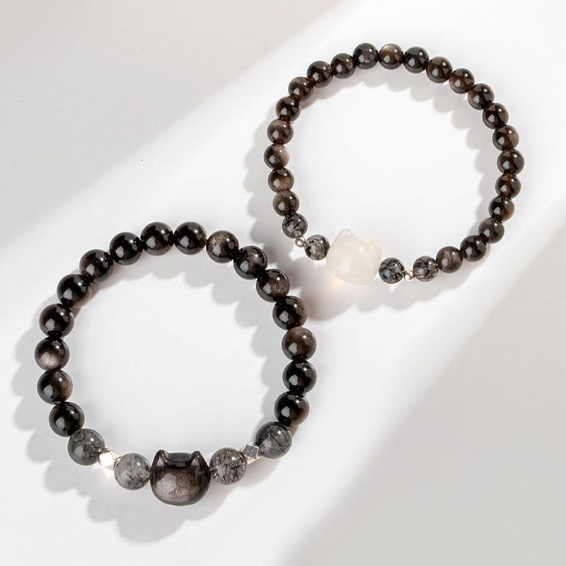 KarmaRipple's Authentic Silver Sheen Obsidian Cute Cat Head Protection Bracelet p3