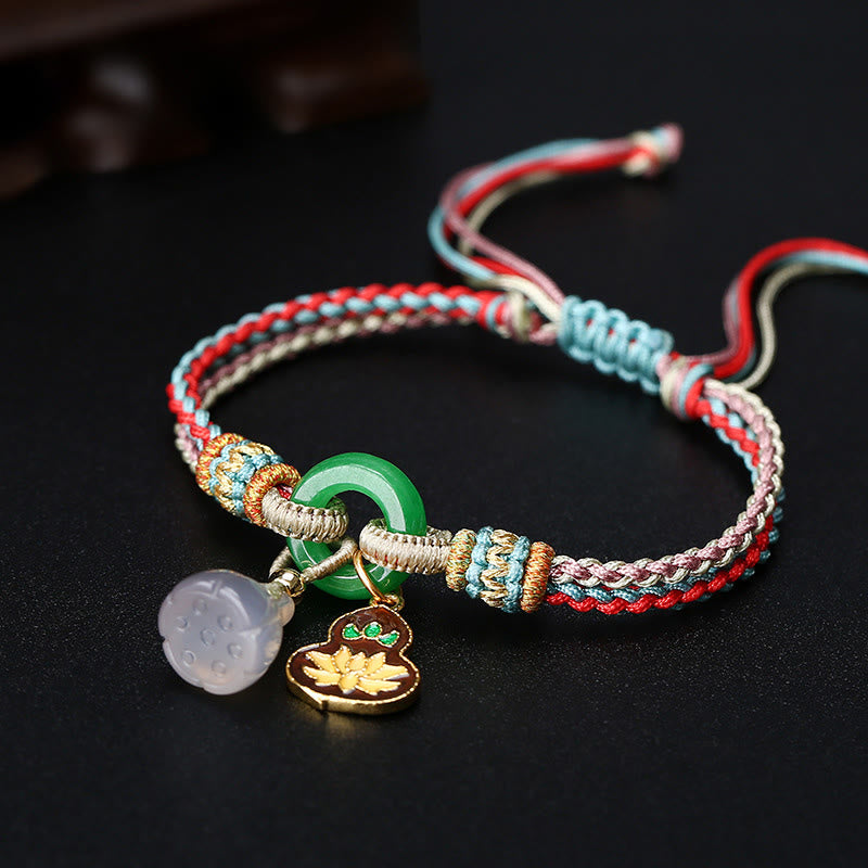 KarmaRipple's Colorful Rope Chalcedony Lotus Jade Peace Buckle Balance Gourd Talisman Bracelet p2