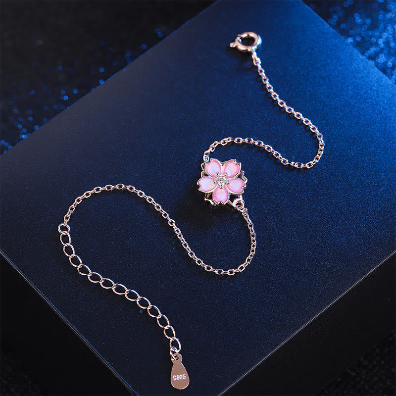 KarmaRipple's 925 Sterling Silver Cherry Blossom Blessing Chain Bracelet Rotatable Ring p5