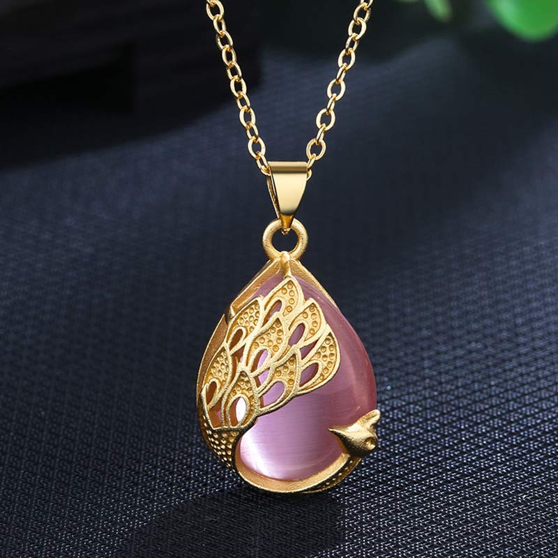 KarmaRipple's Pink Gemstone Green Chalcedony Peacock Bronze Soothing Love Pendant Necklace p11