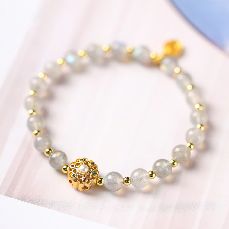 KarmaRipple's 14K Gold Plated Authentic Strawberry Quartz Labradorite Sun Stone Fu Character Positive Talisman Bracelet p7