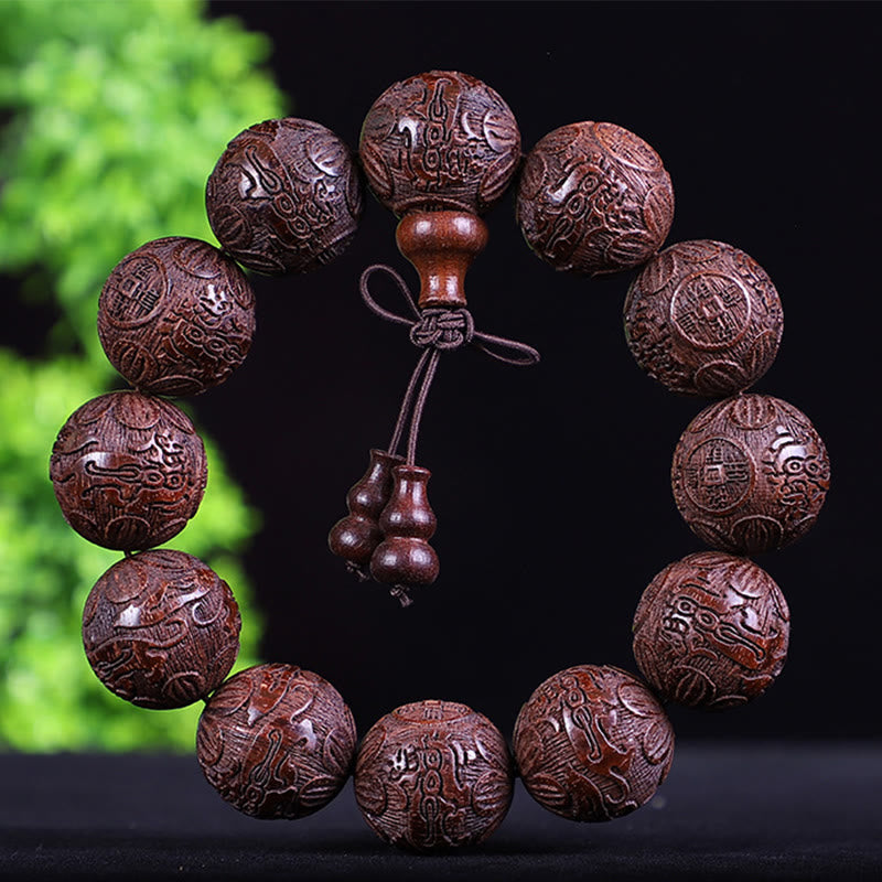 KarmaRipple's Chinese Zodiac Rosewood Ebony Boxwood Bronze Coin PiXiu Carved Warmth Bracelet p39