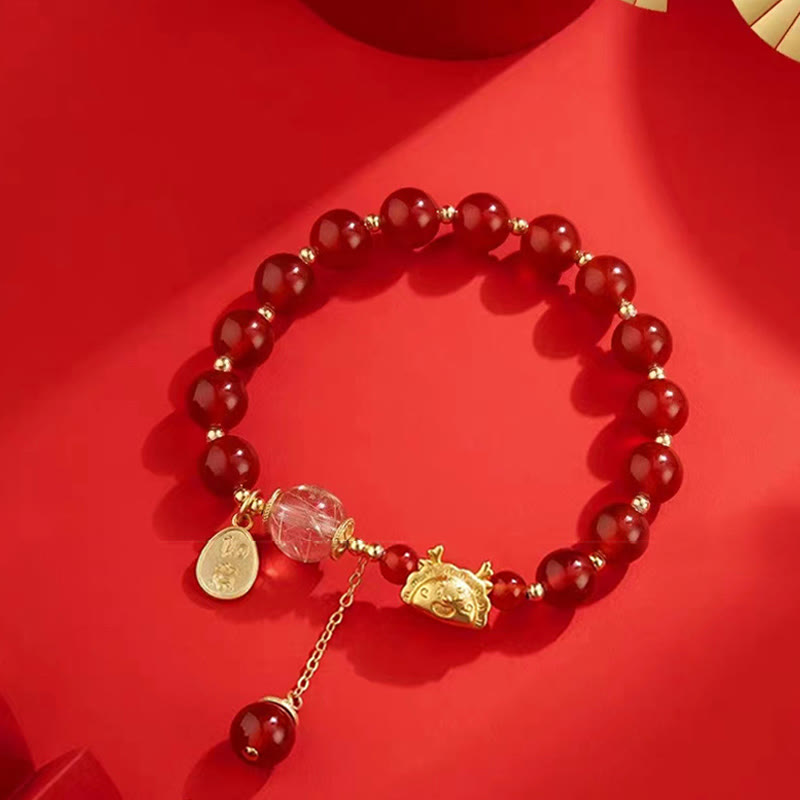 KarmaRipple's Year of the Dragon Dumpling Authentic Red Agate Garnet Hetian Jade Fu Character Fortune Success Bracelet p8