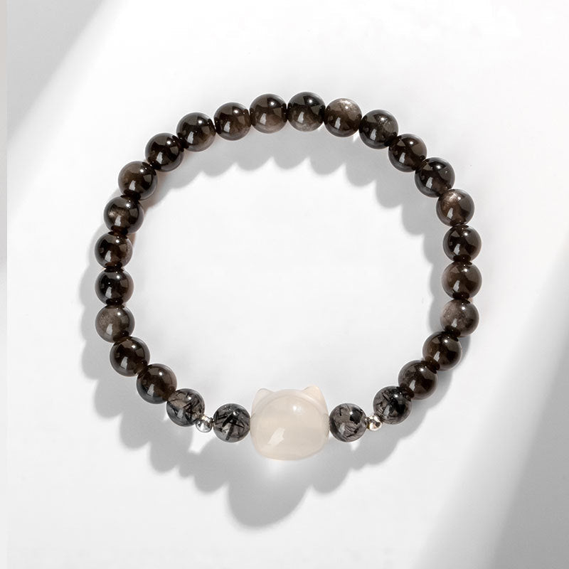 KarmaRipple's Authentic Silver Sheen Obsidian Cute Cat Head Protection Bracelet p8