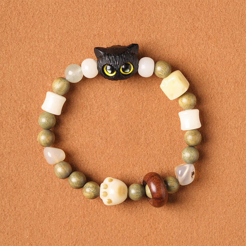 KarmaRipple's Bodhi Seed Green Sandalwood Ebony Wood Small Leaf Red Sandalwood Cat Head Paw Claw Peace Bracelet p24