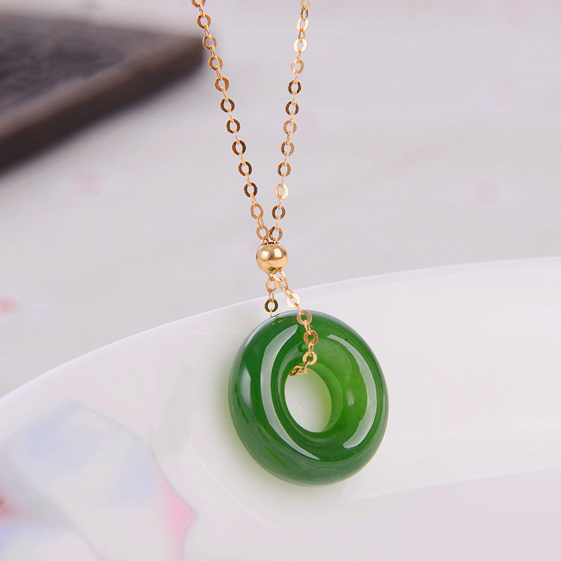 KarmaRipple's Round Cyan Jade Balancing 14K Gold Pendant Necklace p2