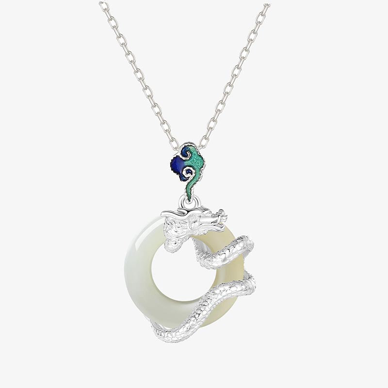 KarmaRipple's Year Of The Dragon 925 Sterling Silver Hetian Ivory Jade Peace Buckle Auspicious Clouds Success Pendant Necklace p9
