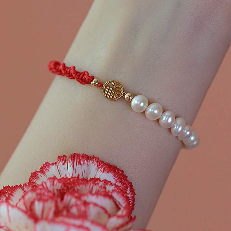 KarmaRipple's 14K Gold Plated Pearl Bead Fortune Protection Braid Red String Bracelet p18