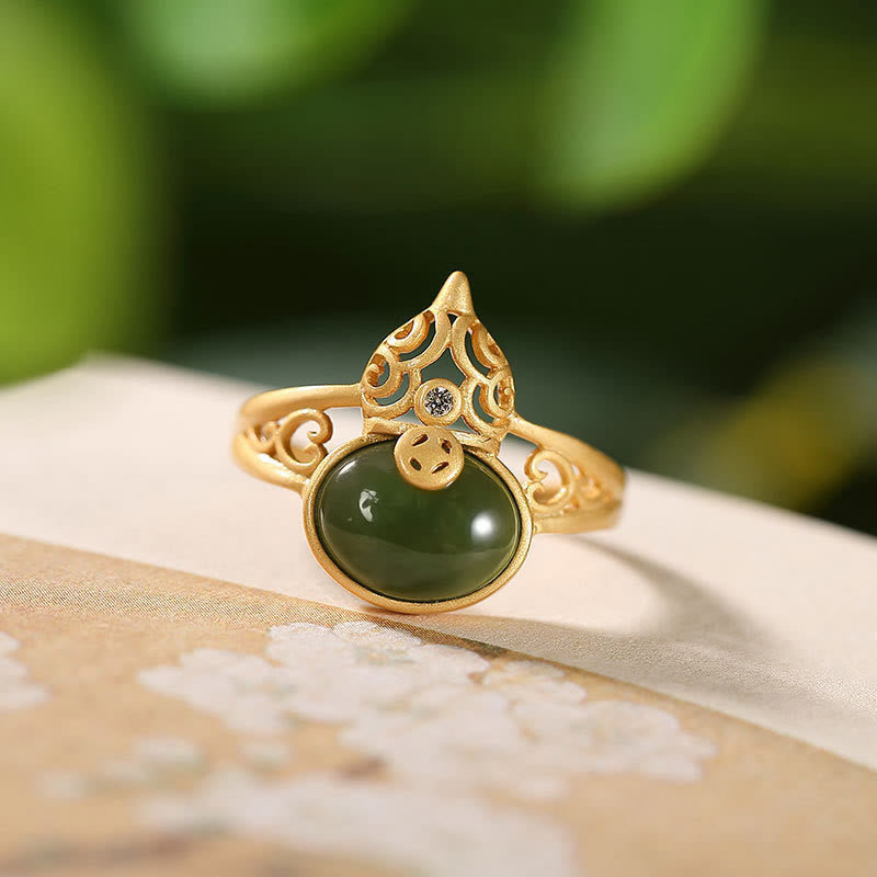 KarmaRipple's Gourd Cyan Jade Bronze Coin Success Fortune Adjustable Ring p1