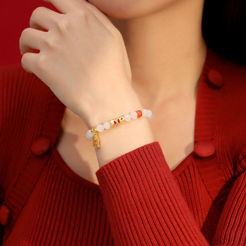 KarmaRipple's 925 Sterling Silver Hetian Ivory Jade Red Agate Koi Fish Fortune Happiness Bracelet p3