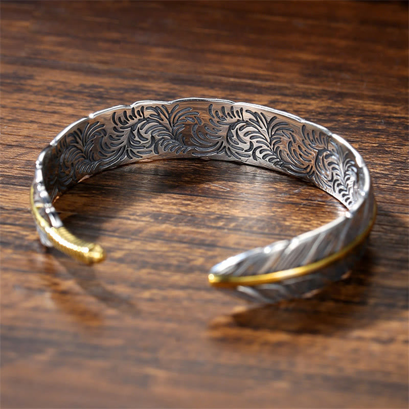 KarmaRipple's Feather Pattern Carved Fortune Wealth Cuff Bracelet Bangle p4