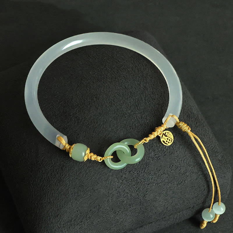 KarmaRipple's 925 Sterling Silver Authentic Ivory Agate Hetian Jade Double Peace Buckle Fu Character Bracelet Bangle p2
