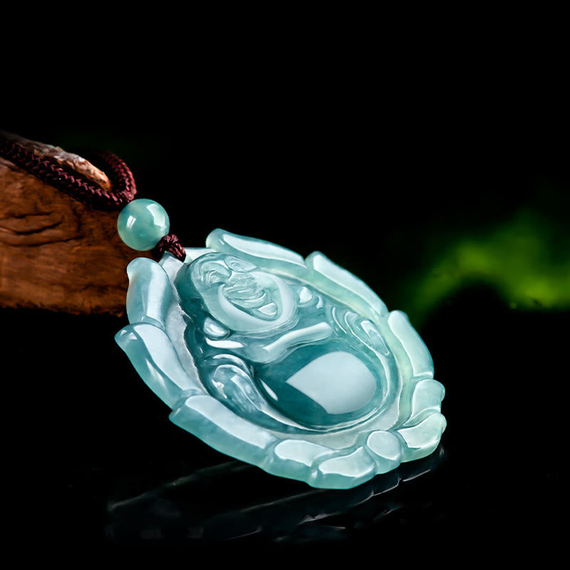 KarmaRipple's Authentic Jade Laughing Buddha Lotus Pattern Fortune Pendant Necklace p5